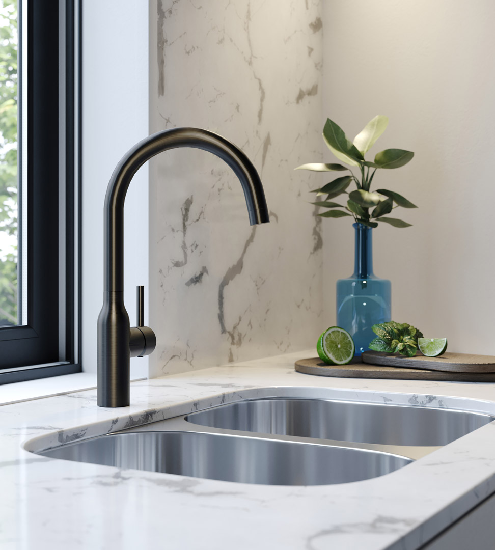 Eli single lever kitchen tap in black with a brushed chrome undermount sink