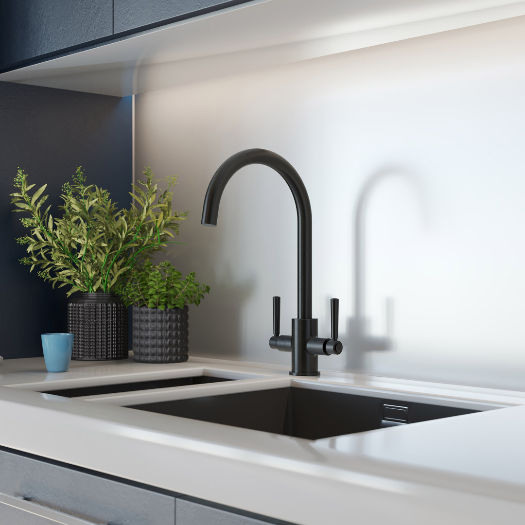 Noa black dual lever tap with a black undermount kitchen sink