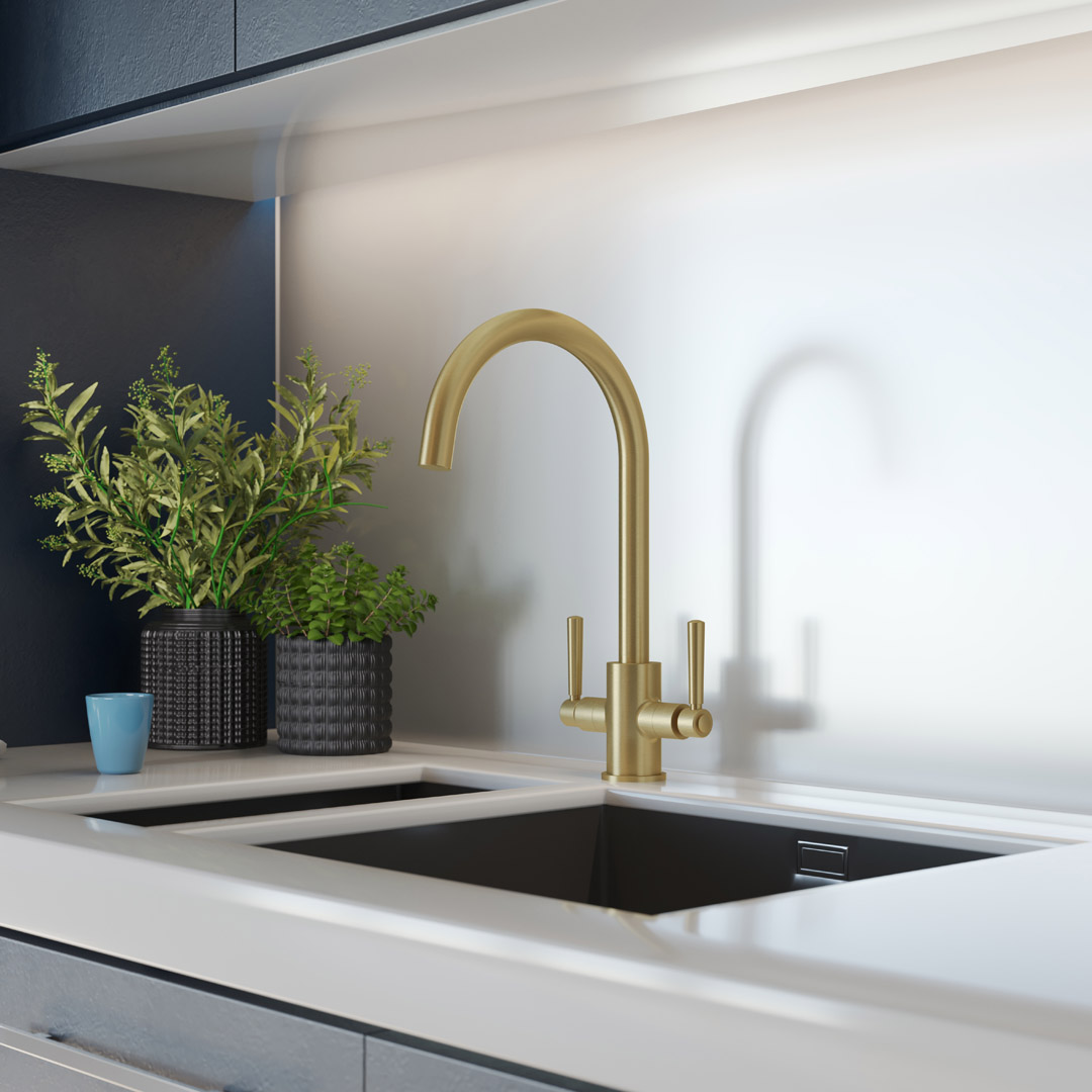 Noa brushed brass dual lever tap with a black undermount kitchen sink