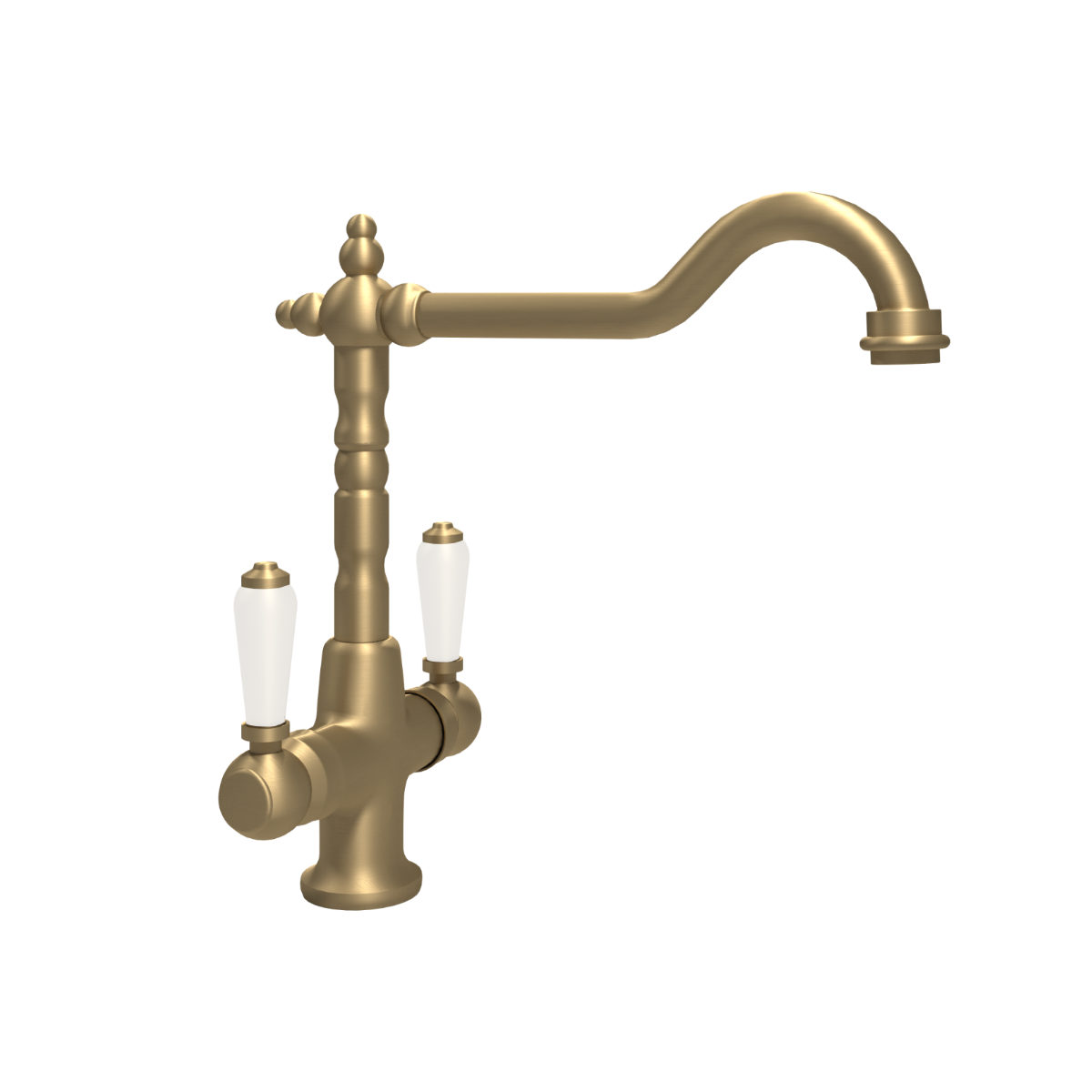 Alma brushed brass dual lever tap with white ceramic handles