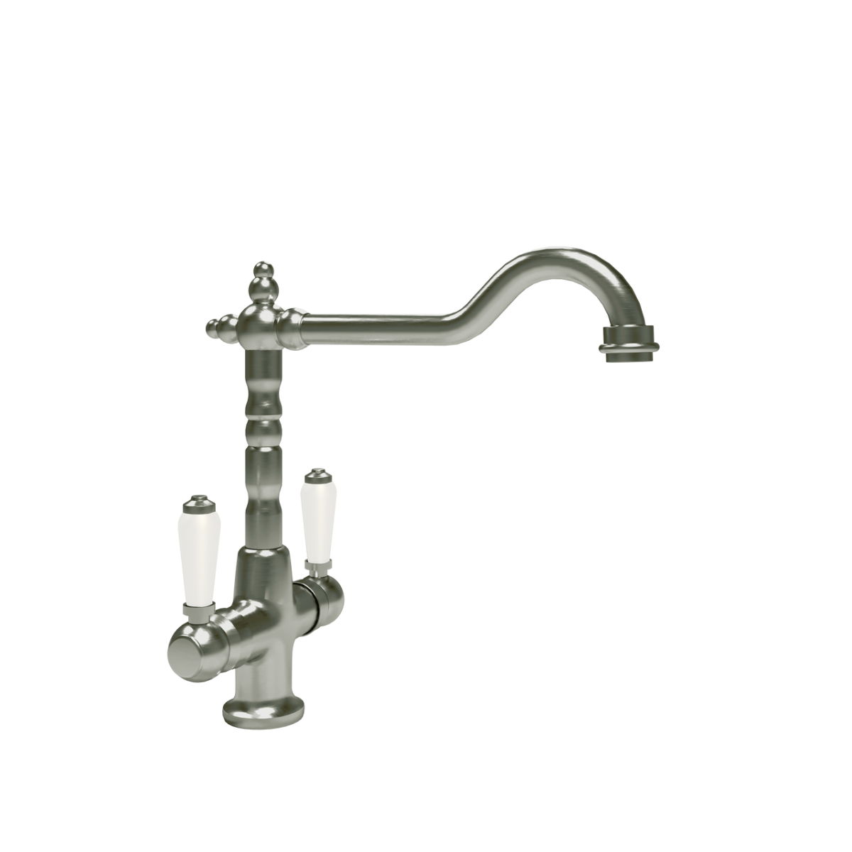 Alma brushed chrome dual lever tap with white ceramic handles