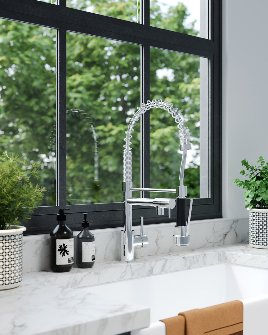 Felix Pull-out tap in chrome with a white undermount ceramic sink