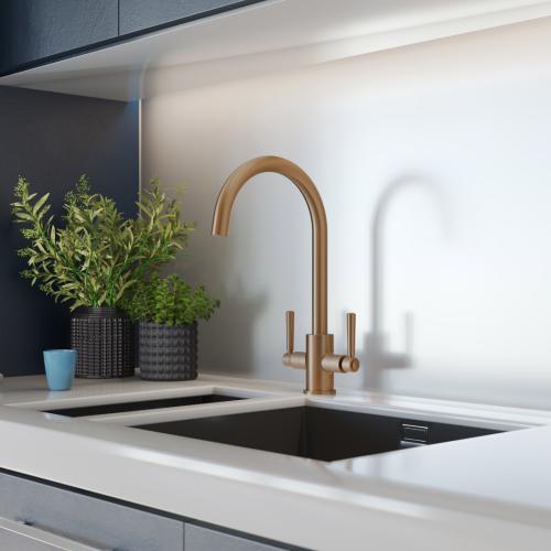 Noa copper dual lever tap with a black undermount kitchen sink